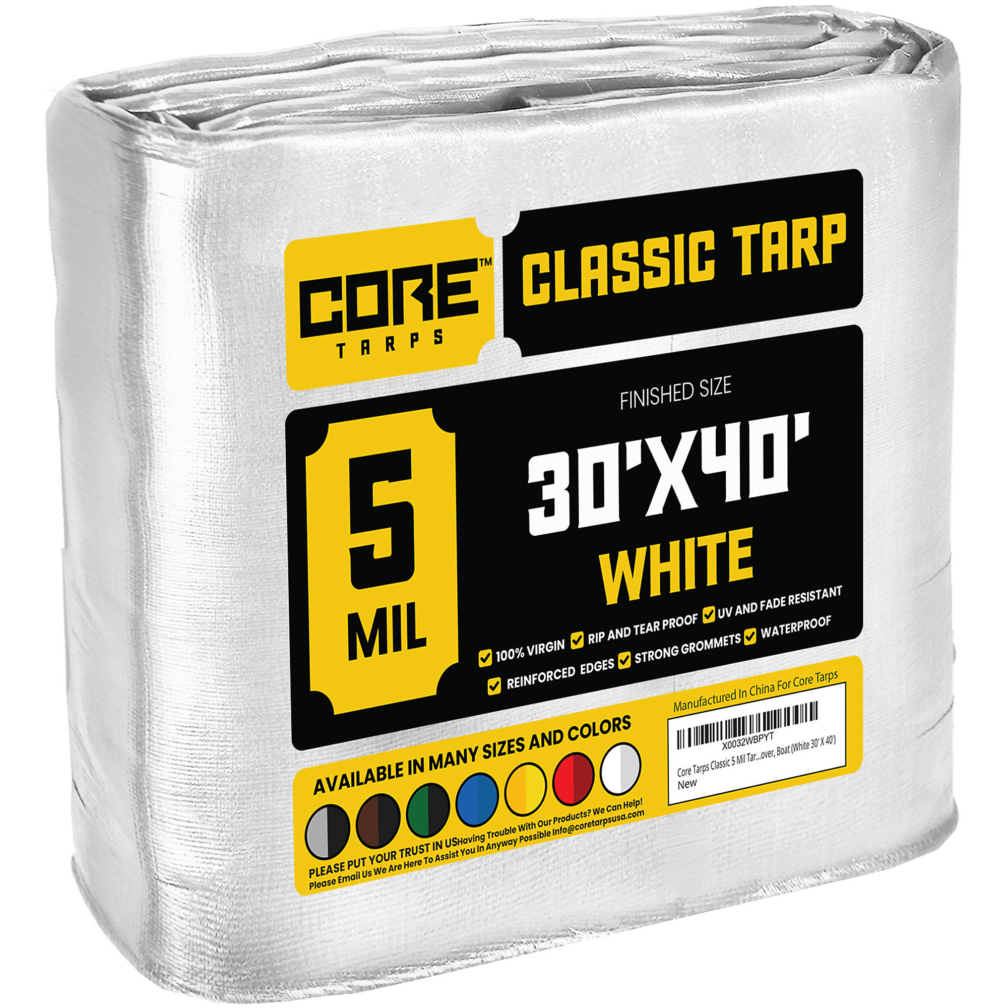 Core Tarps Classic 5 Mil Tarp Cover, Waterproof, UV Resistant, Rip and Tear Proof, Poly Tarpaulin with Reinforced Edges for Roof, Camping, Patio, Pool Cover, Boat (White 30' X 40')